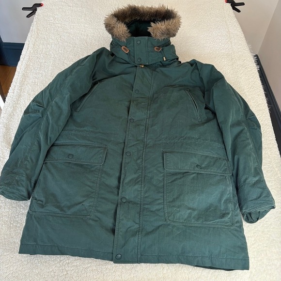 Vtg LL Bean Goose Down Parka Men's L Forest Green Hood Pockets Zip Heavy Fur - Picture 1 of 16
